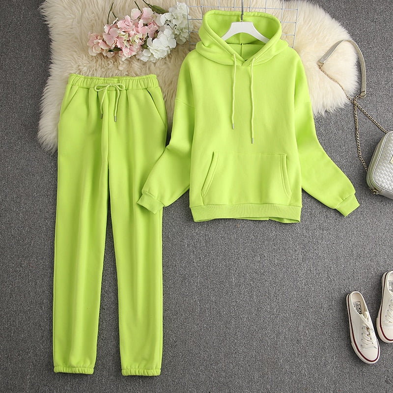 ALPHALMODA New Winter Hooded Sweatshirt Pants 2pcs Set Seasonal Trendy Thickened Warm Fleece Tracksuits Trousers Set Candy Colo