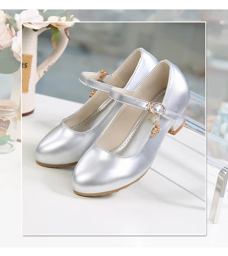 Children Girls Leather Shoes White Princess High Heel Shoes For Kids Girls Performance Dress Student Show Dance Sandals 26-41
