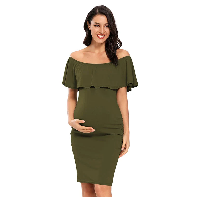 Liu&Qu Women's Maternity Dress Off Shoulder Ruffle Sleeveless Bodycon Dress Elegant Ruched Sides Bodycon Dresses for Baby Shower