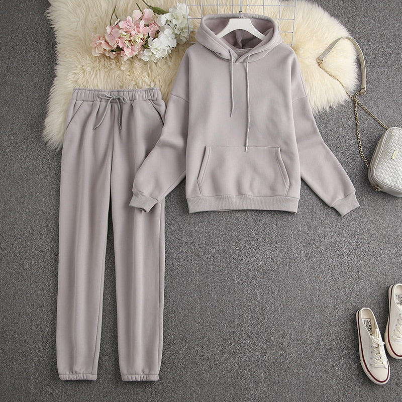 ALPHALMODA New Winter Hooded Sweatshirt Pants 2pcs Set Seasonal Trendy Thickened Warm Fleece Tracksuits Trousers Set Candy Colo
