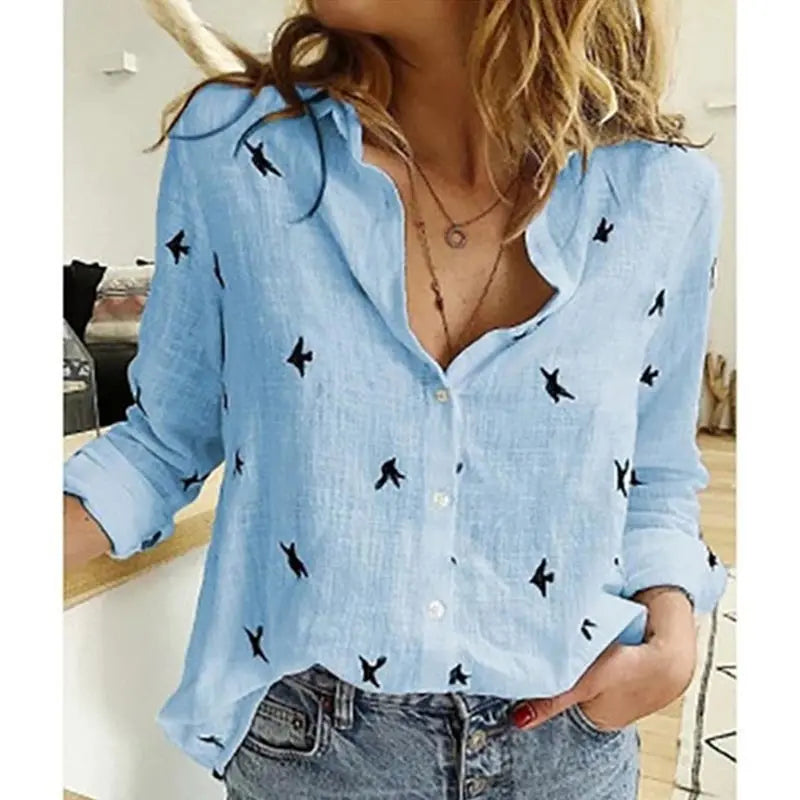 Jocoo Jolee Women Casual Birds Print Blouse Spring Summer Long Sleeve Cotton and Linen Loose Shirt Vintage Tops Tunic Oversized