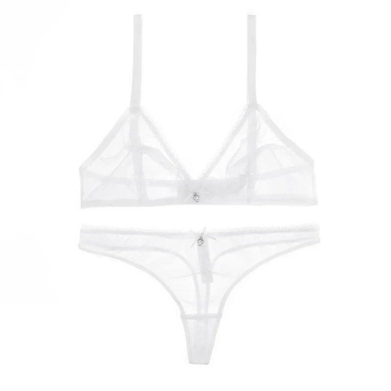 Sexy ladies see through elastic mesh bra set women wire free white underwear bra+thong lingerie set