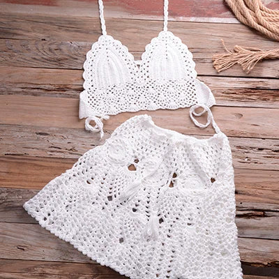 Two-piece Crochet Women Bikini Set Cover Up Swimsuit Swim Skirt Swimwear Bathing Swimdress Beachwear