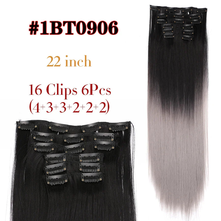 Leeons 16Clips Long Straight Synthetic Clip On Hair Extensions Cheveux Clip Naturel High Temperature Fiber Black Brown Hairpiece