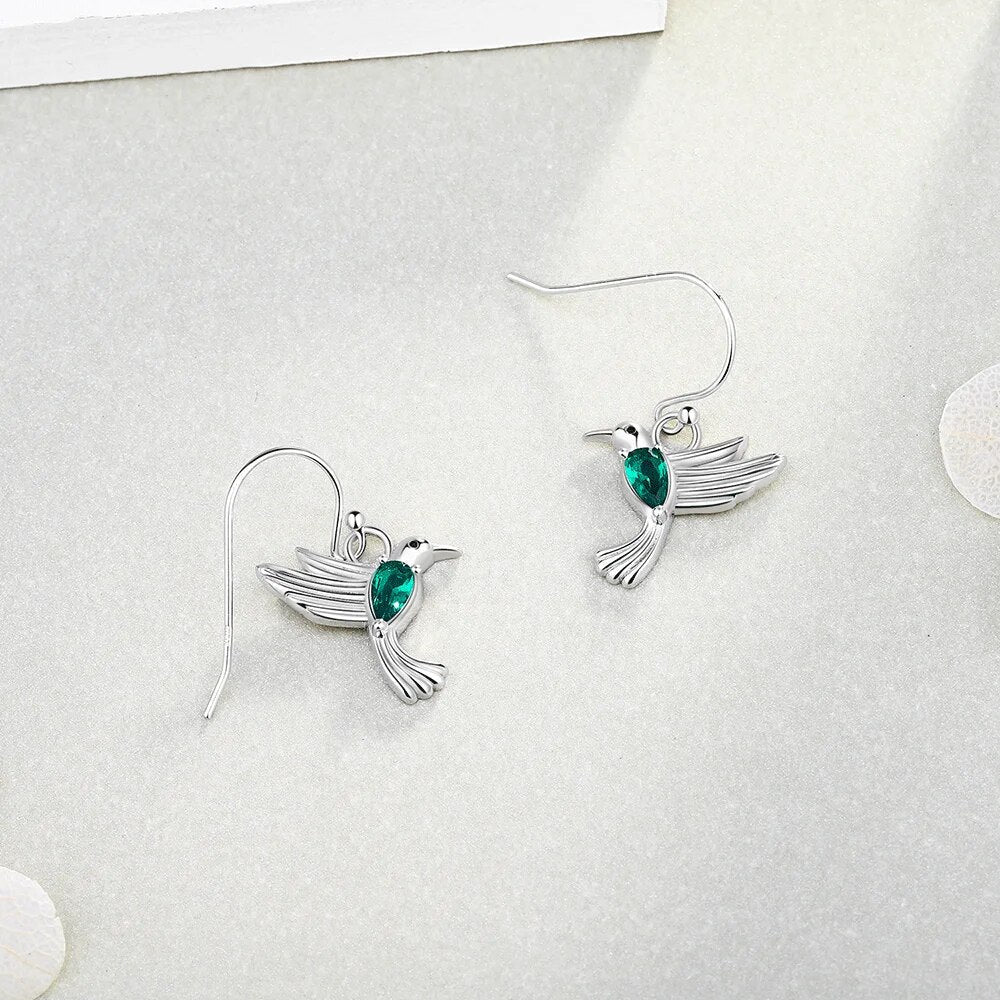 Hummingbird Drop Earrings 925 Sterling Silver Animal Birds Green Zircon Earrings for Women 2021 Fine Jewelry Gift Free Ship