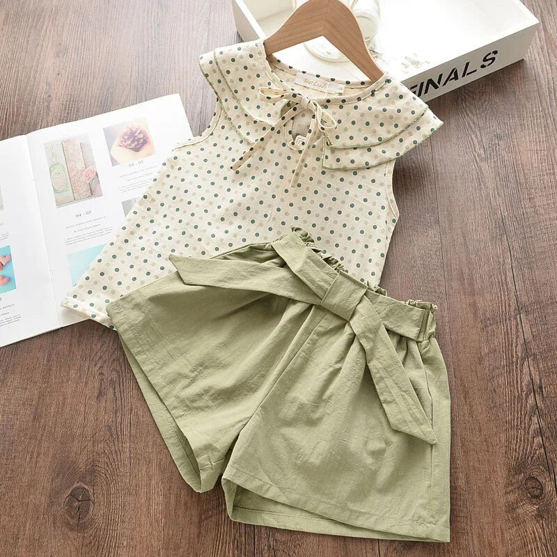 2023 Blast Fashion Girl Clothing Sleeveless O-Neck Polka Bow Shorts Girl Children Summer Clothes Baby Girl Clothes 2 Piece Sets