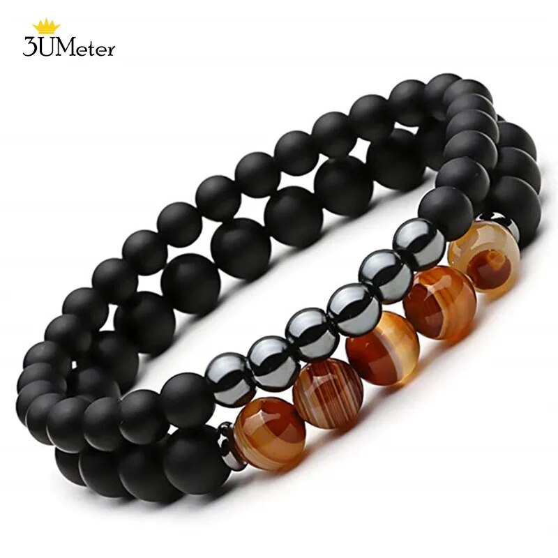 2PCS Natural Striped Agates Matte Black Onyx Beaded Bracelet for Women Men Natural Stone Hematite Bracelet Jewelry Pulseras