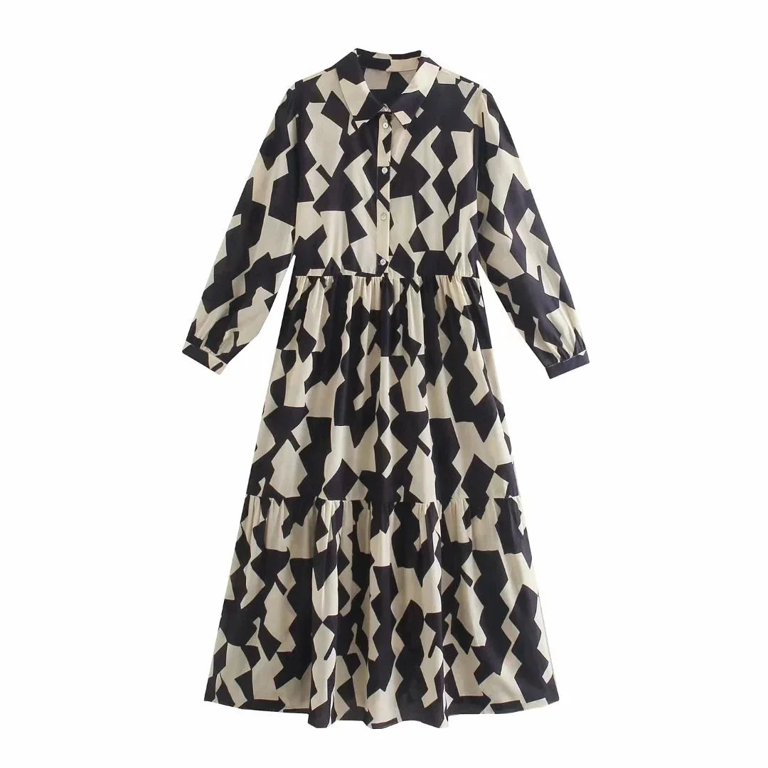 Foridol Geometric Print Black Shirt Dress Casual Elegant Autumn Winter Women's New Dress Vestidos Robe Femme Long Sleeve Dress