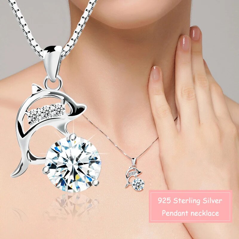 New Fashion Jewelry 925 Sterling Silver Round CZ Dolphin Pendant Necklaces Fine Zircon Charm Clavicle Chain Women Birthday Gift