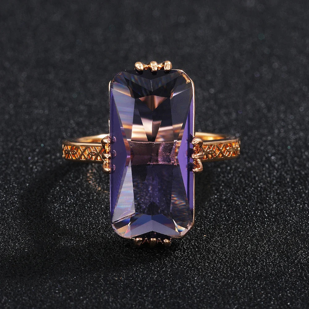 Huitan Long Shape Acrylic Purple Stone Rings for Women Fashion Bridal Wedding Party Ring Elegant Lady Accessories Trendy Jewelry