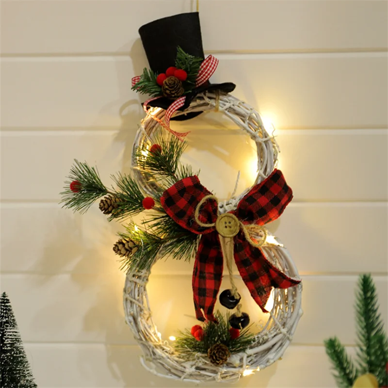 Christmas Lighted Snowman Wreath Garland Door Lamp Decoration Artificial Home Window Wall Background Door Hanging Ornaments