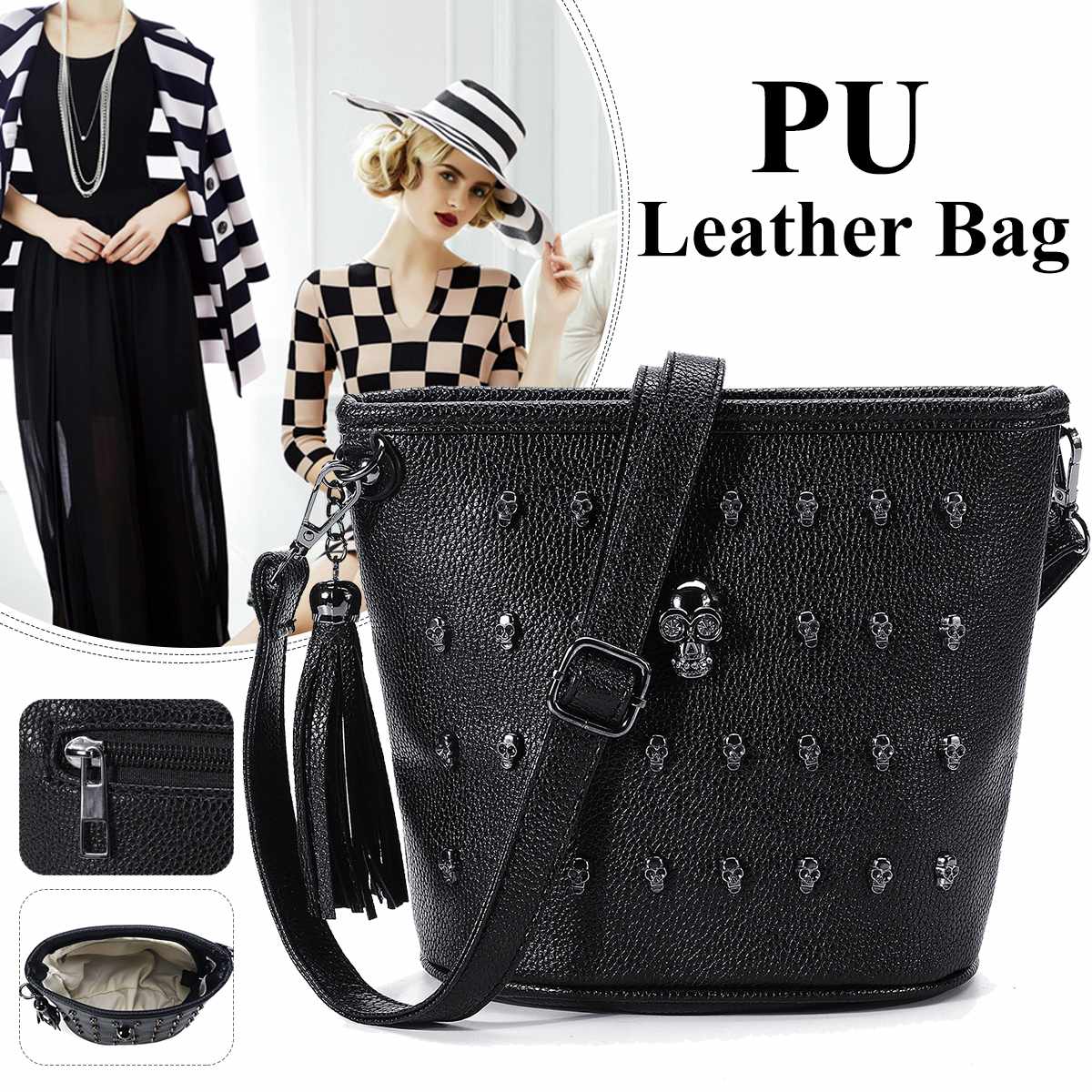 Fashion Women Skull PU Leather Handbag Tassel Messenger Shoulder Shopping Bag Cosmetic Organizer Holiday Gift Punk Tote Bags EU