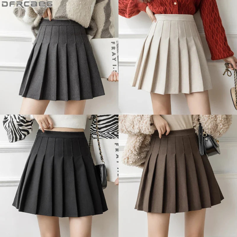 New Winter Woolen Skirt Women Solid High Waist Pleated Mini Skirts Vintage School A Line Falda Plisada Beige Grey Black Brown