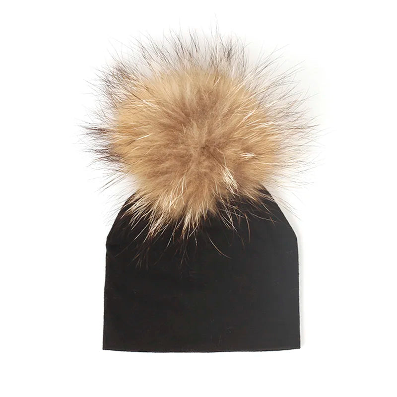 Geebro 0-3 Month Baby Boys Soft Cotton Real Fur pompom Beanies Hats For Newborn Girls Spring Autumn Kids Infants Toddler