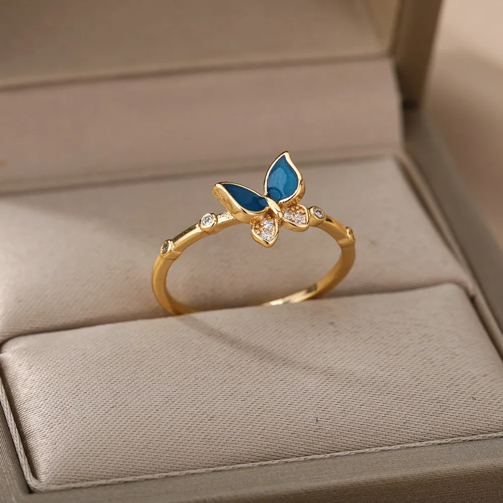 Butterfly Rings for Women Shiny Crystal Zirconia Bohemian Vintage Blue Enamel  Finger Ring Fashion Party Jewelry Gift Mujer