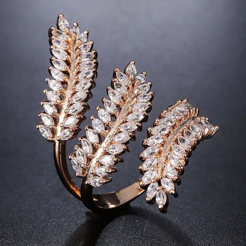 New Fashion Beautiful Women Ladies Ring Girls Zircon Leaf Open Adjustable Flower Fashion Jewelry Rings Gift