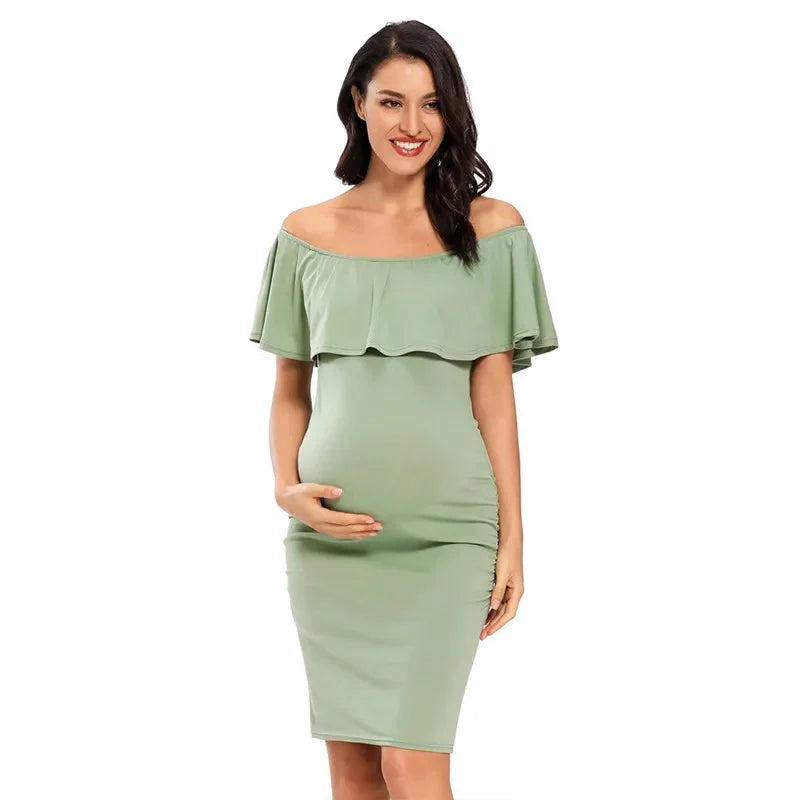 Liu&Qu Women's Maternity Dress Off Shoulder Ruffle Sleeveless Bodycon Dress Elegant Ruched Sides Bodycon Dresses for Baby Shower
