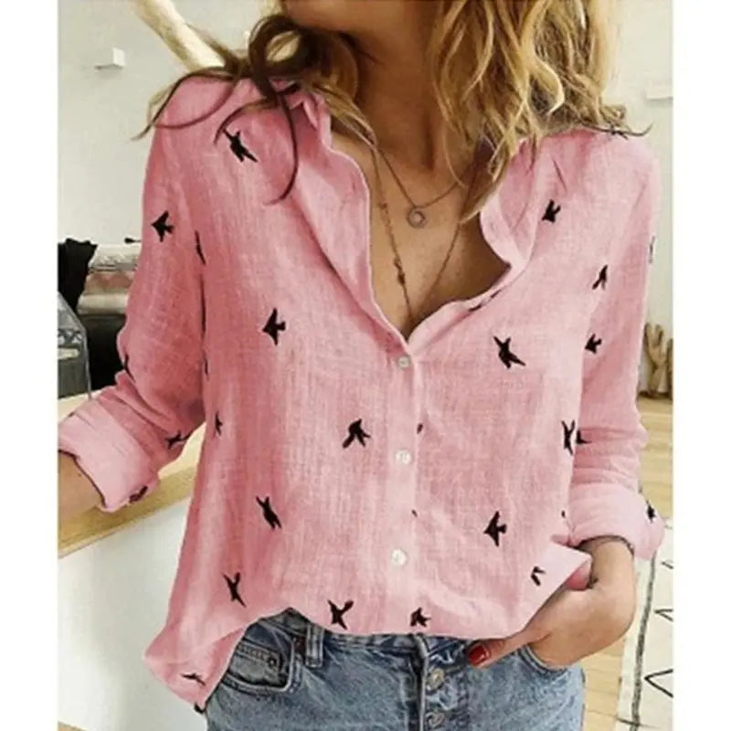 Jocoo Jolee Women Casual Birds Print Blouse Spring Summer Long Sleeve Cotton and Linen Loose Shirt Vintage Tops Tunic Oversized