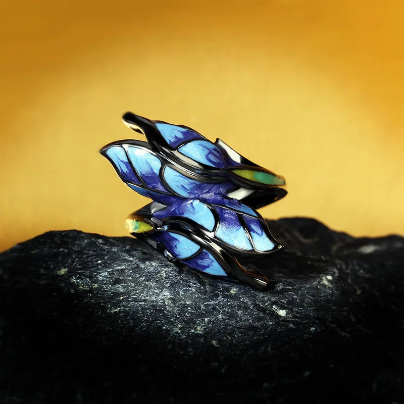 Women's Jewelry Unique Shape Blue Butterfly Enamel Ring Elegant Party Jewelry Handmade Enamel Butterfly Ring
