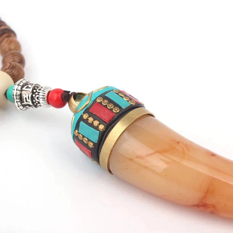 Vintage Handmade Necklace Nepal Buddhist Mala Wood Beads Pendant & Necklace Ethnic Horn Long Statement Men Women's Jewelry