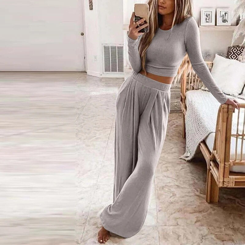 Autumn Women's Solid Knitted Casual Home Wear Slim Tops Two-Piece Wide Leg Pants Set Ladies Clothes Winter Fashion Commuter Suit