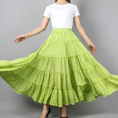 Boho Beach Midi Umbrella Long Skirts Summer Femininas Sundress Maxi Cotton Skirts Elastic Waist Pleated Spliced Patchwork Skirts