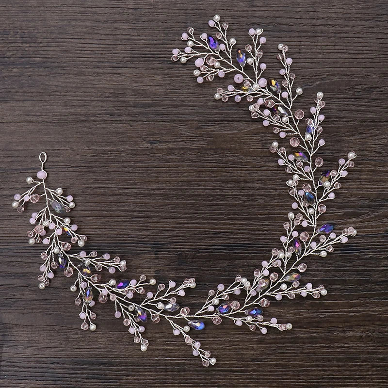 Trendy Purple Crystal Pearl Wedding Headband Tiara Handmade Hairband Bridal Headpiece Wedding Hair Accessories Women's jewelry