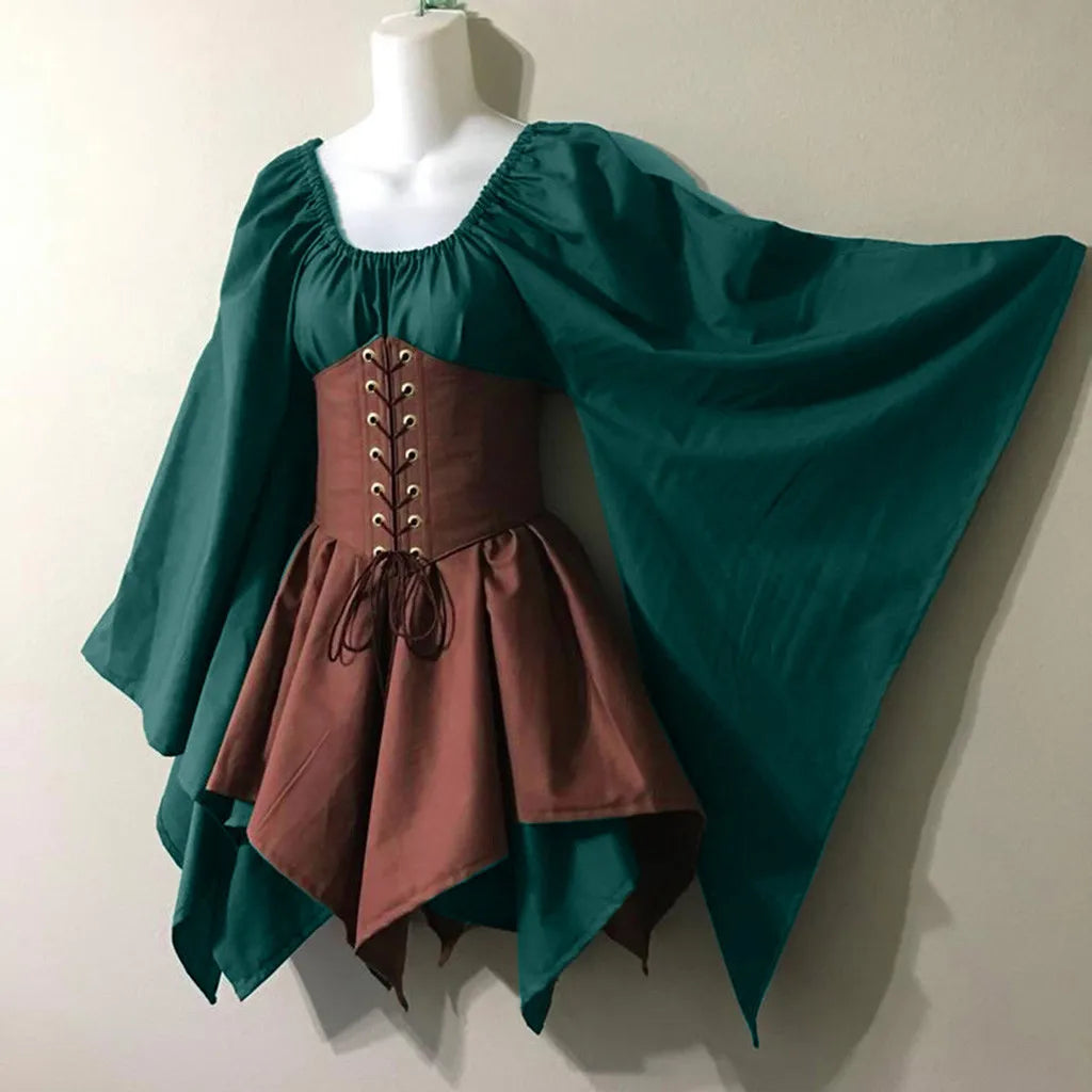 Halloween Women Witch Dress Medieval Cosplay Costumes Retro Gothic Party Dress Long Sleeve Corset Lace Up Slim Irregular Dress