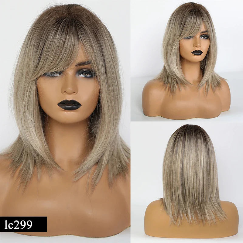 Element Medium Length Synthetic Straight Natural Brown Wigs with Side Bangs Heat Resistant Party Wigs for White/Black Women