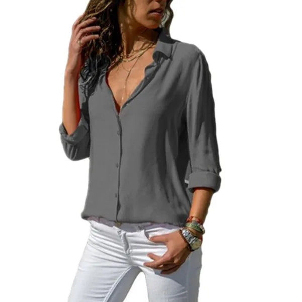 2024 New Women's Clothes Ladies Long Sleeve Deep V-Collar Chiffon Shirt and Tops Casual Women Button Office Shirts Plus Size
