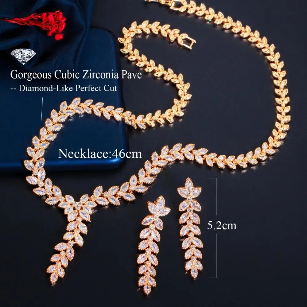 CWWZircons Leaf Shape Dangle Drop Earring and Necklace African Nigerian CZ Gold Color Wedding Jewelry Set for Brides T488