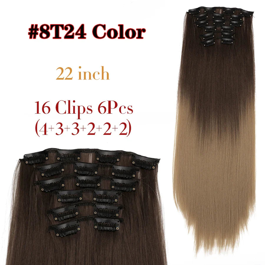 Leeons 16Clips Long Straight Synthetic Clip On Hair Extensions Cheveux Clip Naturel High Temperature Fiber Black Brown Hairpiece