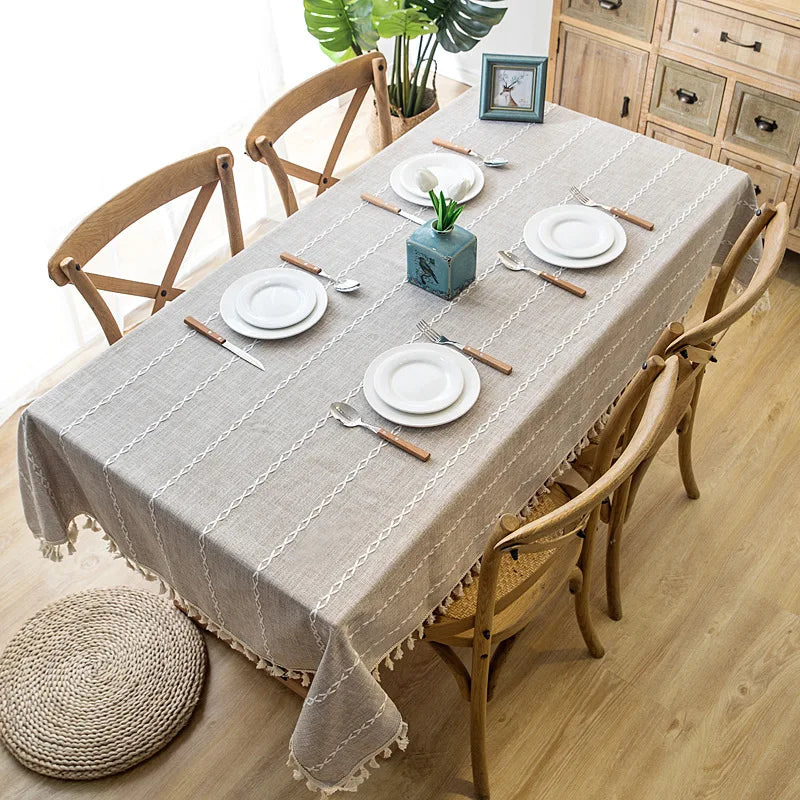 Solid Decorative Linen Tablecloth With Tassel Waterproof Thicken Rectangular Wedding Dining Table Cover Tea Table Cloth