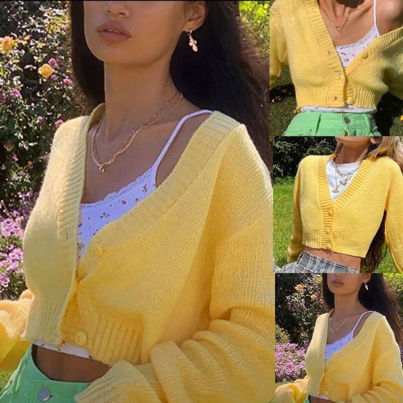 Yellow Sweat Cute Knitted Cropped Cardigan Women Autumn Warm Sweater Ladies Fashion Buttons Long Sleeve Top Knitwear