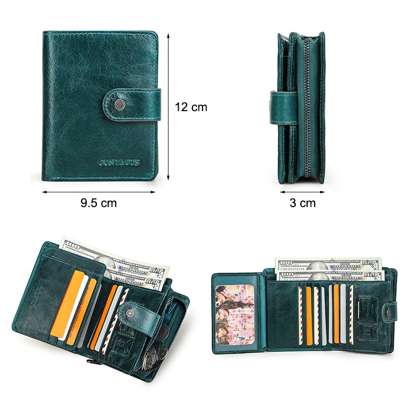 Contact's Genuine Leather Wallet Women Rifd Small Card Holder Wallets Ladies Blue Coin Purse Portfel Fashion Trifold Clutch Bag