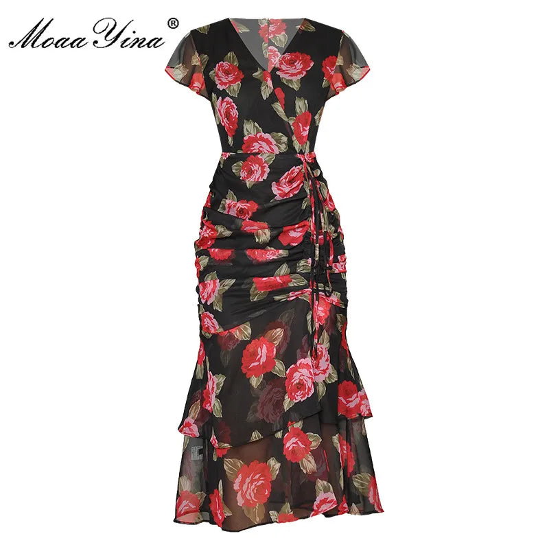 MoaaYina Fashion Designer dress Summer Women's Dress V Neck  Cascading Ruffle Ruched Rose Floral Print package hip Dresses