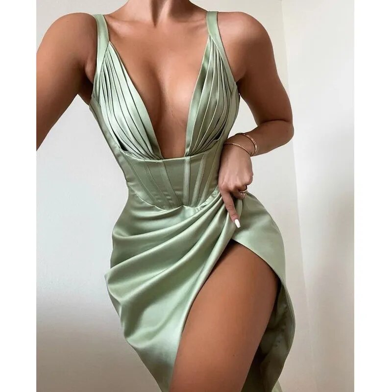 Satin Deep V-Neck High Split Midi Sleeveless Club Dress