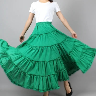 Boho Beach Midi Umbrella Long Skirts Summer Femininas Sundress Maxi Cotton Skirts Elastic Waist Pleated Spliced Patchwork Skirts