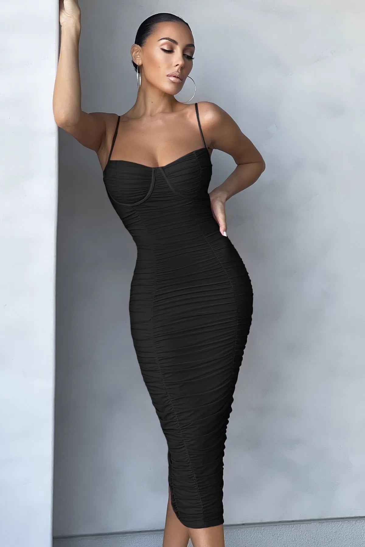 New Mesh Draped Midi Bandage Dress Bodycon Women's Summer  Dress Evening Club Outfits