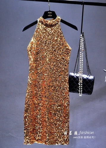 The New 2021 Sequins Glittering Collar Sundress Packet Buttock Sexy Cultivate One's Morality Show Thin Render Dress Sleeveless
