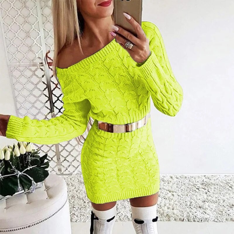 Casual Slash Neck Mini Twisted Sweater Women Vintage Autumn Winter Long Sleeve Knitted Dress Female Bodycon Outwear Dresses