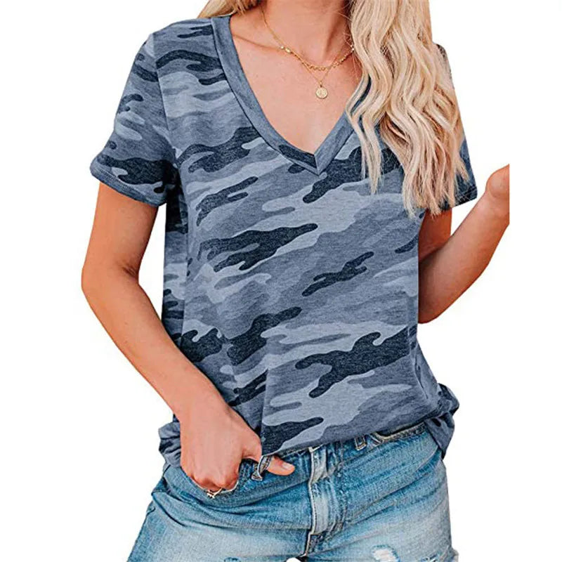 Short Sleeve Camo Print Women T-Shirts Summer Casual Loose Sport Tops Fashion V-Neck Tee Female Street T-Shirt 2XL Top Pullover