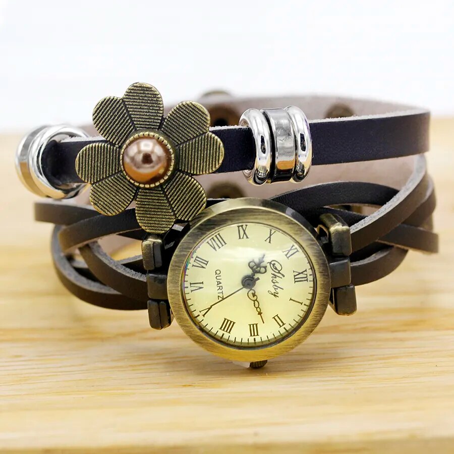 Shsby  New Women Vintage Leather Strap Watches Pearl Sun Flower Bracelet Women Watch Brown Women Wristwatch