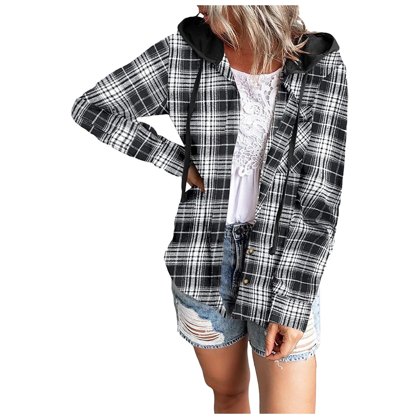 Spring Autumn Women Shirt Fashion Casual Plaid Hooded Shirts Long Sleeve Button Down Blusa Feminina Streetwear рубашка женская