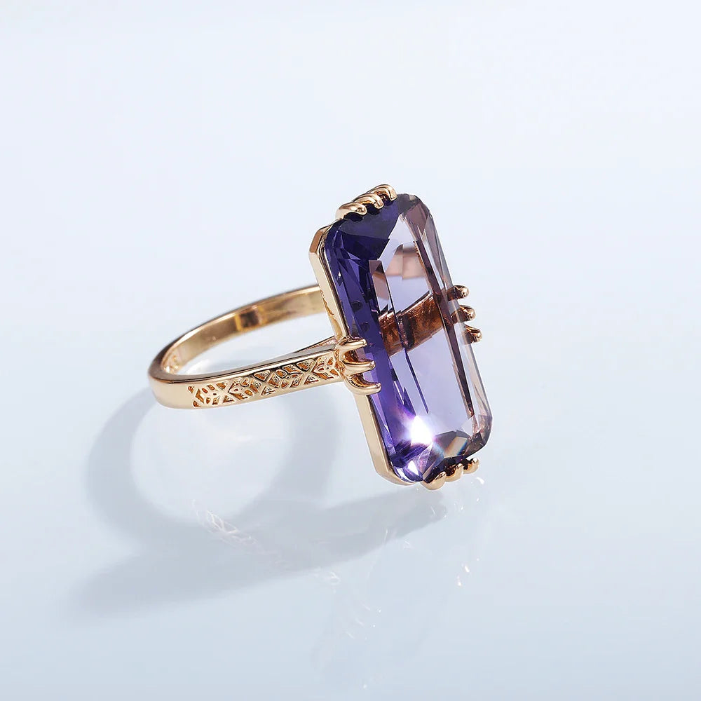Huitan Long Shape Acrylic Purple Stone Rings for Women Fashion Bridal Wedding Party Ring Elegant Lady Accessories Trendy Jewelry