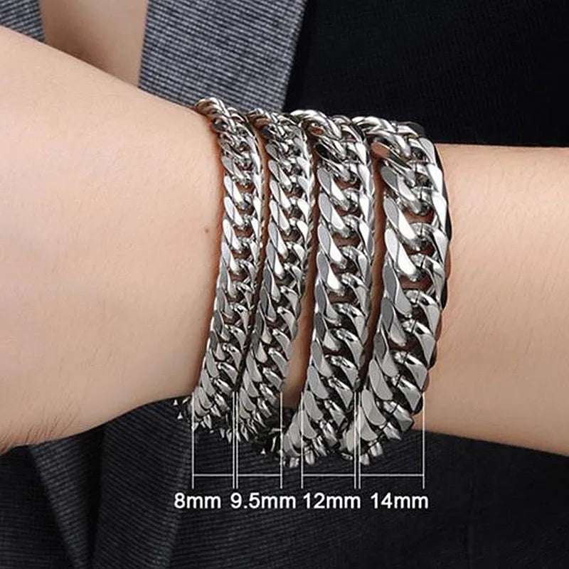 HNSP 316L Stainless Steel LA Cuban Link Chain Bracelet For Men Punk Hip Hop Silver Color Hand Chain 8/10/12/14MM Thick