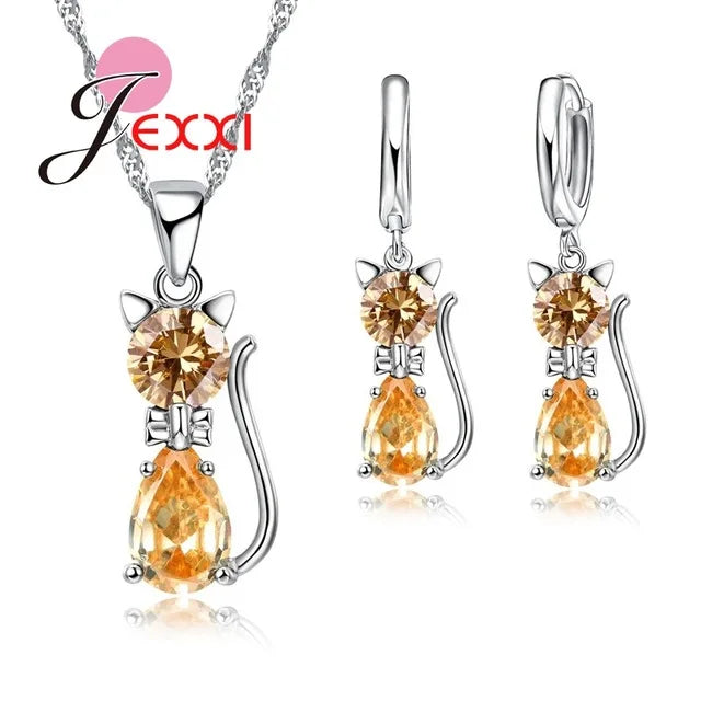 HOT New Arrivals Genuine 925 Sterling Silver Shiny Cubic Zirconia Cat Kitty Necklace Pendant Hoop Earrings Fast Shipping