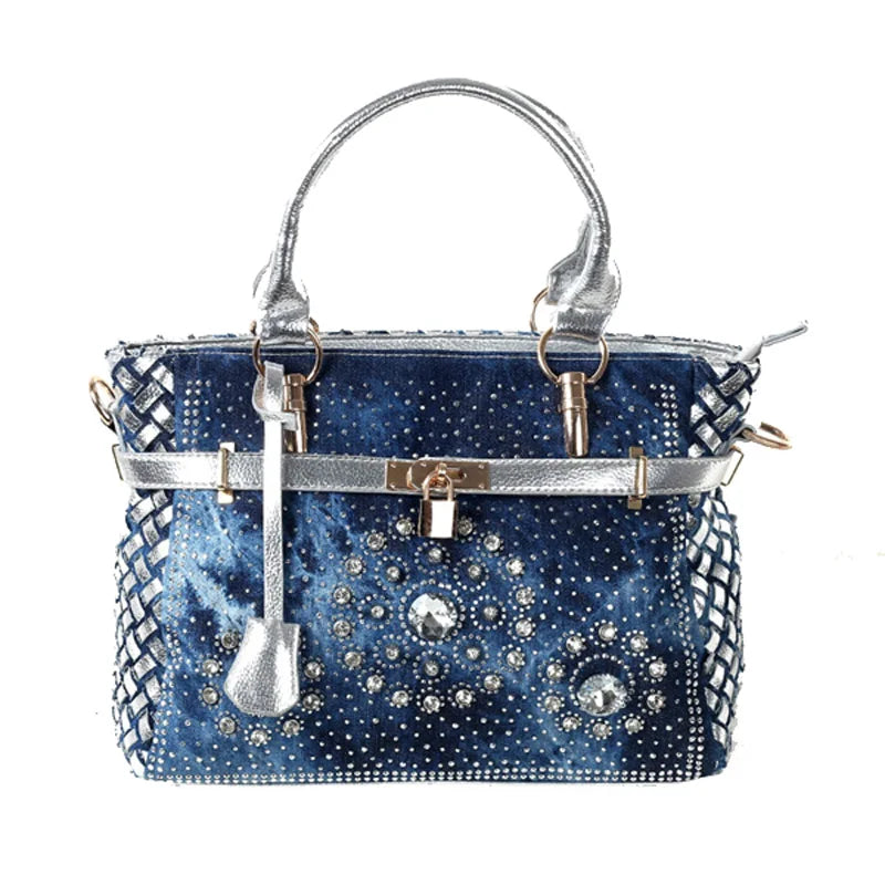 iPinee Summer 2022 Fashion womens handbag large oxford shoulder bags patchwork jean style and crystal decoration blue bag