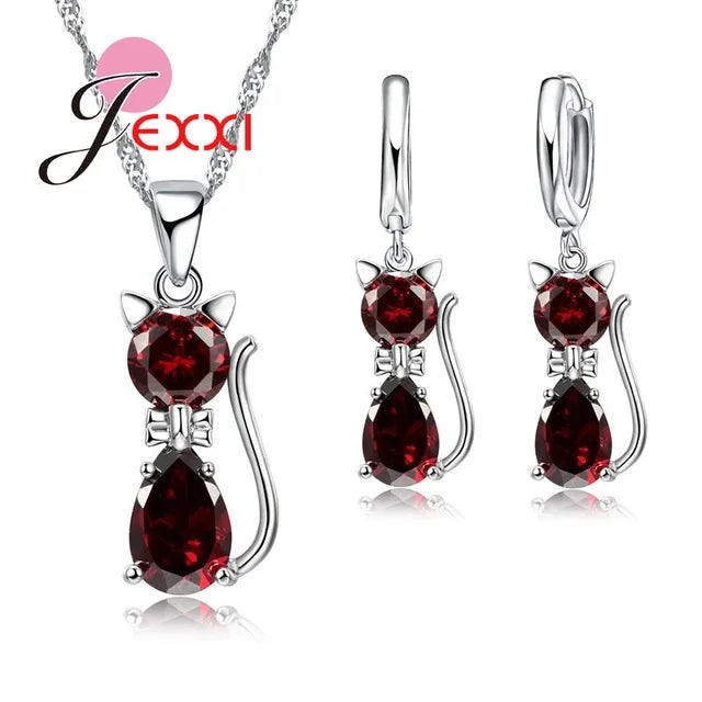 HOT New Arrivals Genuine 925 Sterling Silver Shiny Cubic Zirconia Cat Kitty Necklace Pendant Hoop Earrings Fast Shipping