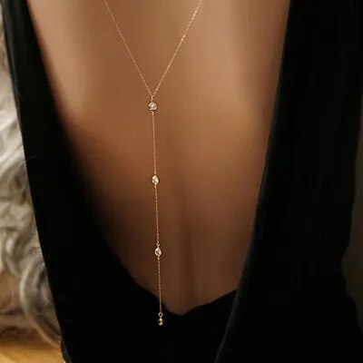 Sexy Summer Women Long Necklace Body Chain Bare Back Gold Color Crystal Pendant Necklace Beach Body Jewelry Wedding Dress